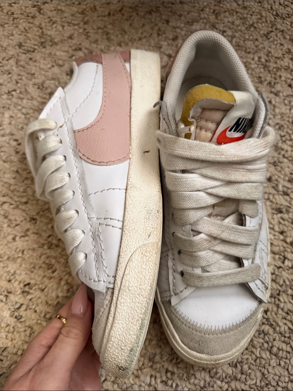 Nike Blazers White Sneakers with Pink Swoosh and Yellow Tongue Accent
